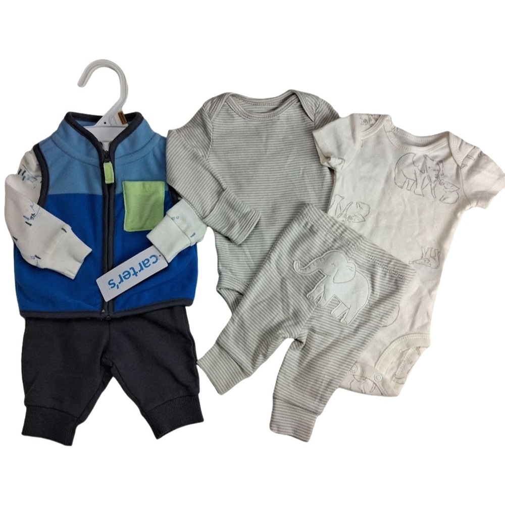 Carter's Baby Boy Newborn Outfit Set Lot 6pc Elephant Bodysuit Ski Pants